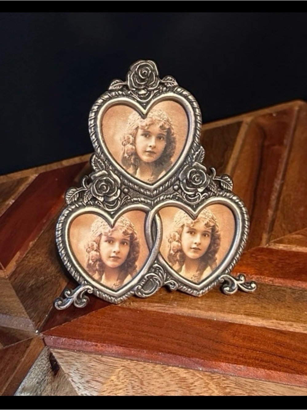 Ornate Triple Heart Photo Frame in Antique Silver